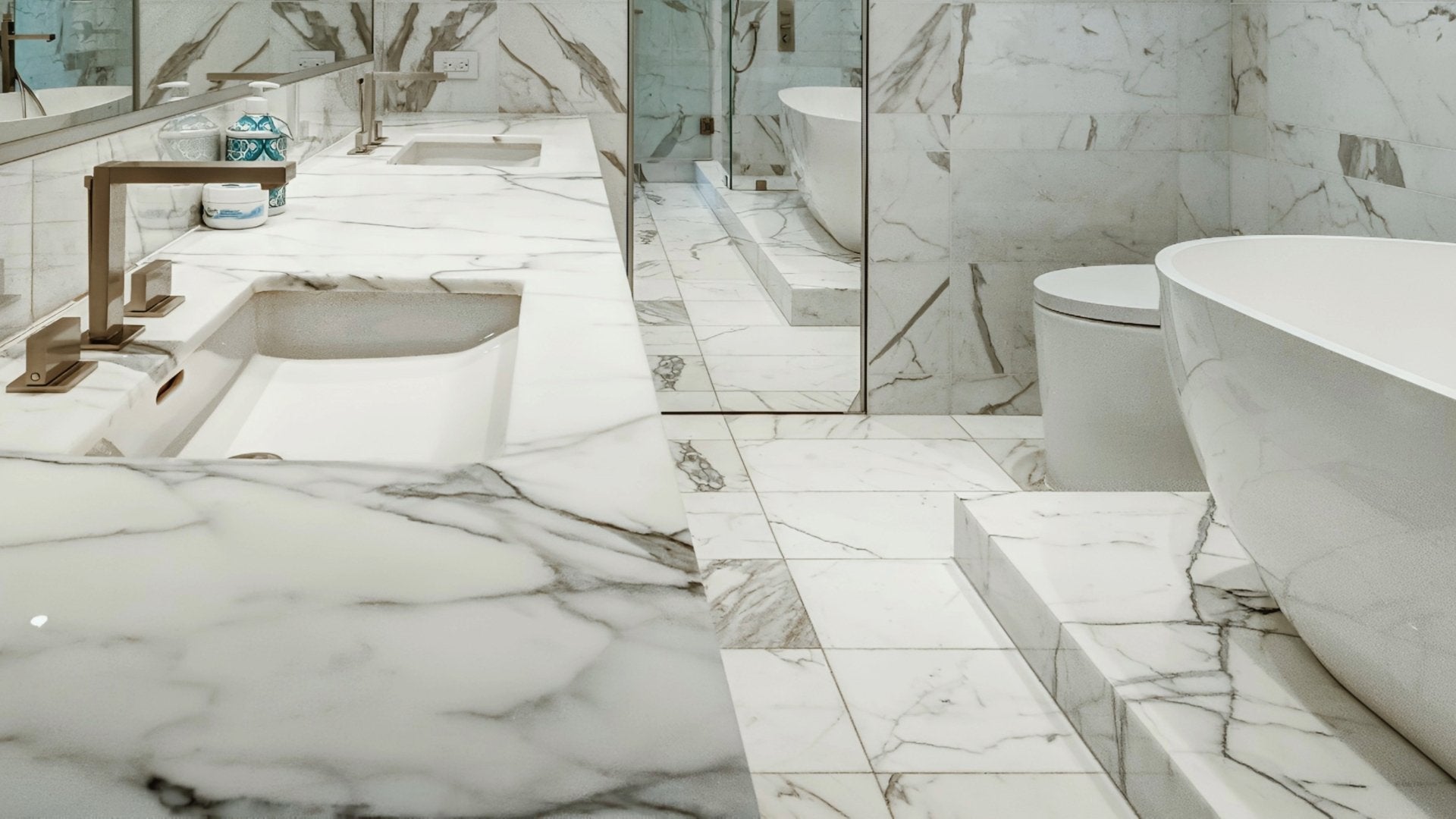 Luxury marble bathroom in Los Angeles with freestanding tub and marble tile