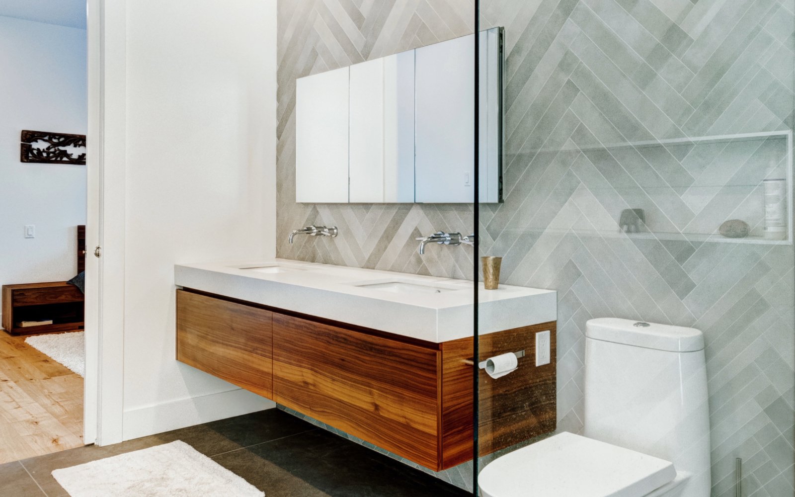 Modern herringbone tile bathroom in Los Angeles