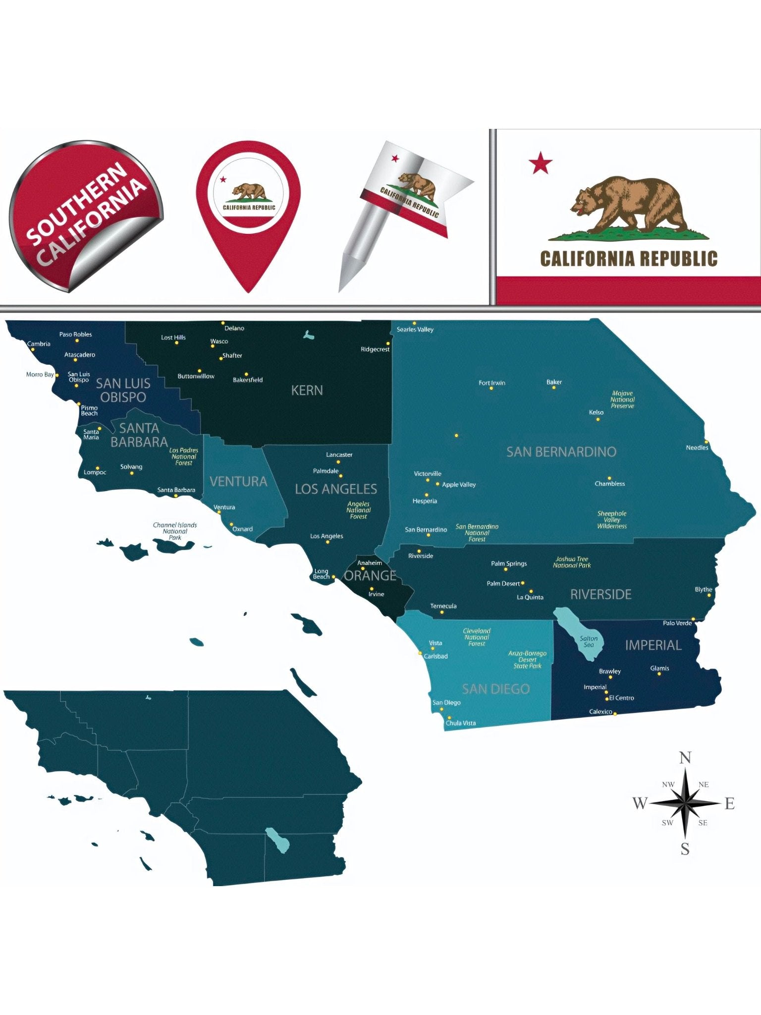 Map of Southern California service regions including Los Angeles, Orange County, and surrounding counties
