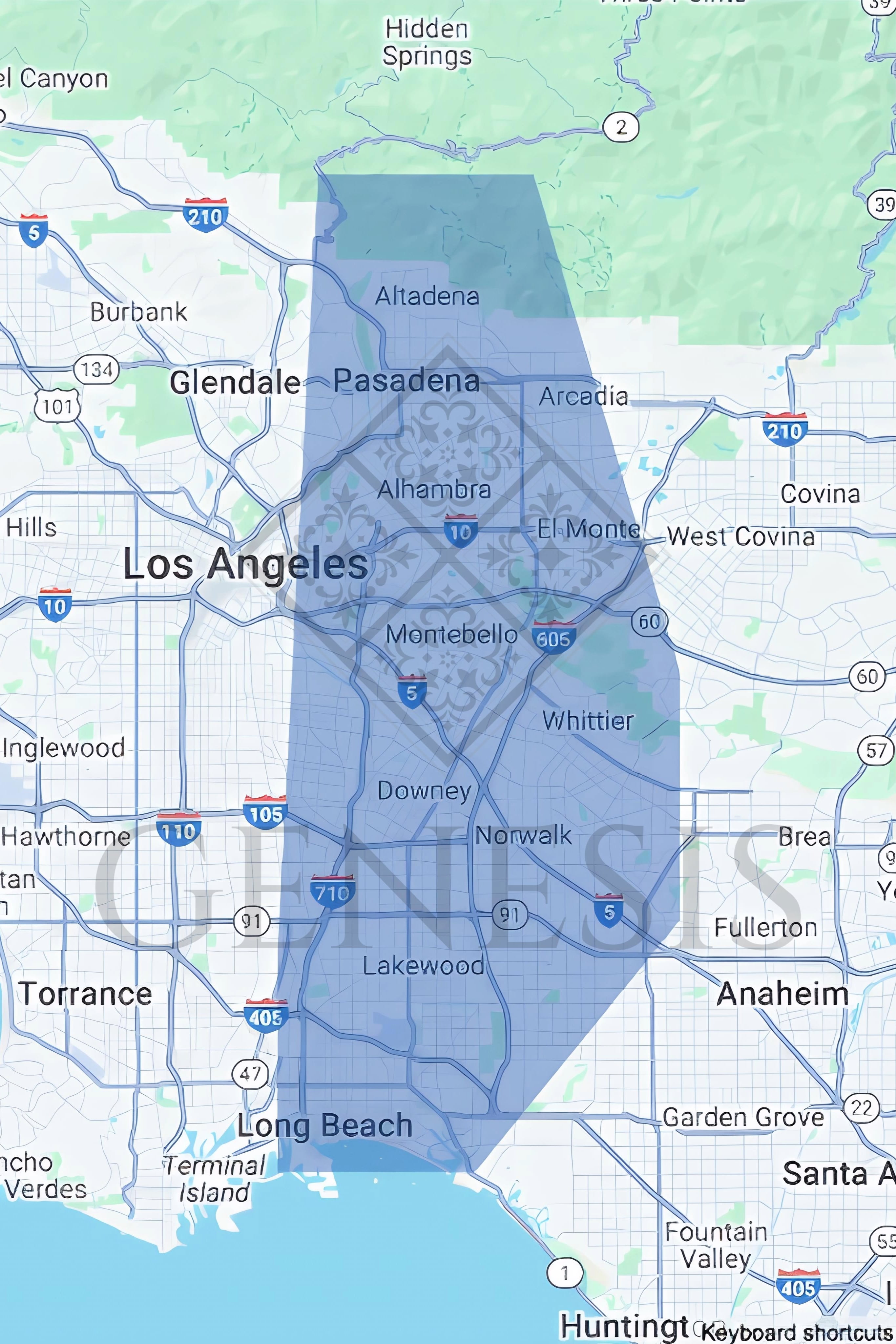 Map of Southern California service regions including Los Angeles, Orange County, and surrounding counties